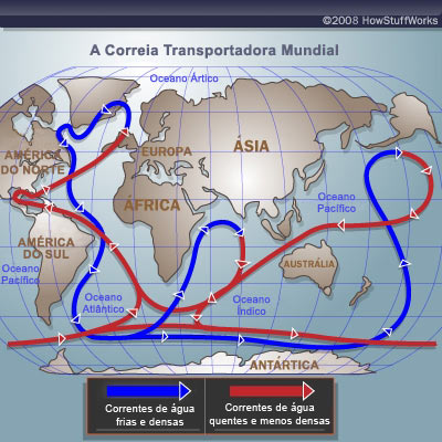 O azul indica a corrente fria e o vermelho a quente. 